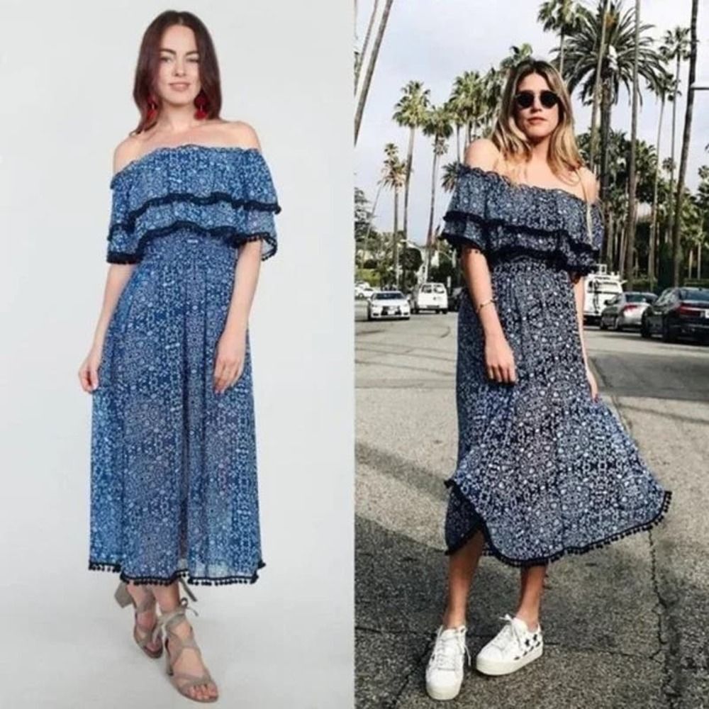 Sz XS MISA Los Angeles Maribel Dress Blue/White Floral Tassels Tiers